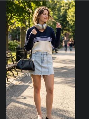 Hollister Navy, Lavender & Cream Ribbed V-Neck Sweater